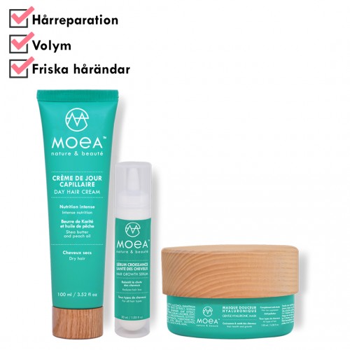 MOEA-set för påfyllning: Serum, hårkräm & hårbehandling för kluvna toppar